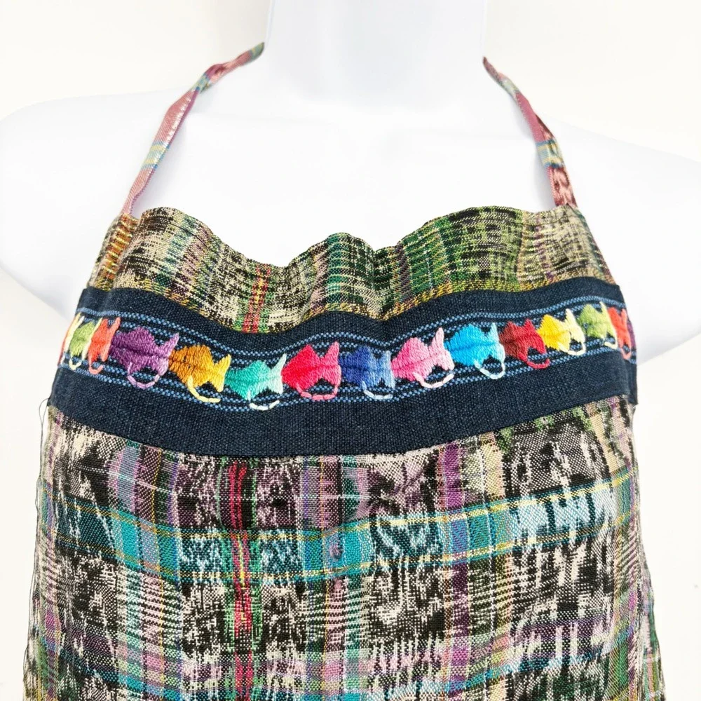Womens Guatemalen Handmade Multicolor Ikat Embroidered Boho Folk Ruffle Apron OS